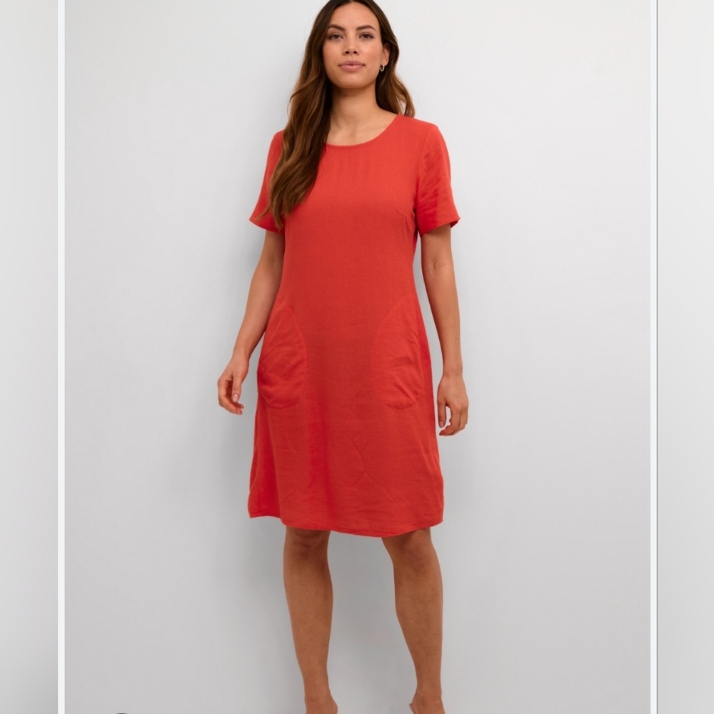 Elegant Linen Blend Red Midi Dress